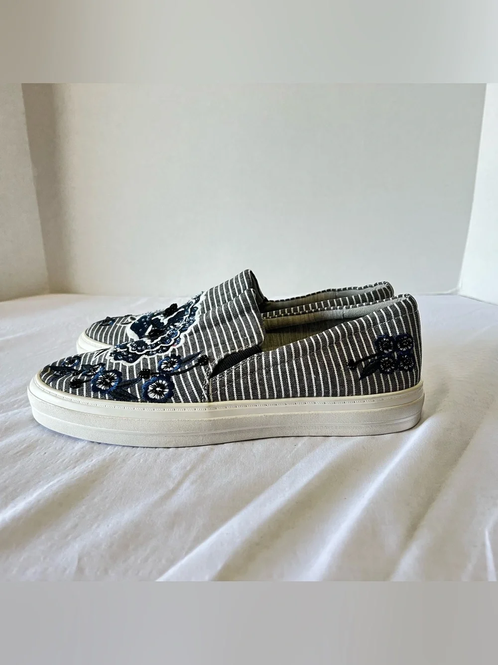 Nine West Striped Slip-On Sneakers with Blue Floral Embroidery